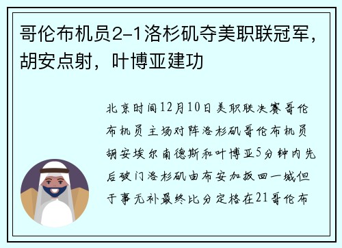 哥伦布机员2-1洛杉矶夺美职联冠军，胡安点射，叶博亚建功